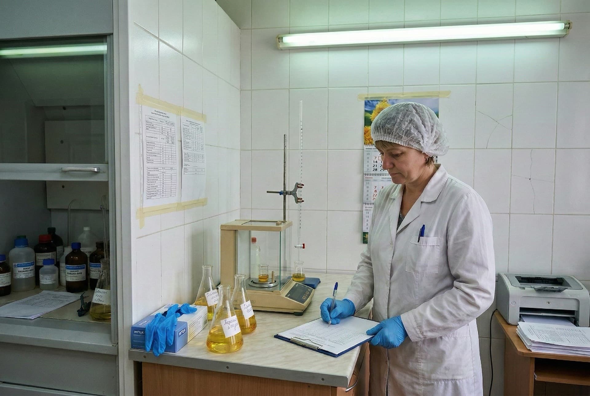 Quality control laboratory technician testing oil samples at ALIONEXAGRO SRL facility