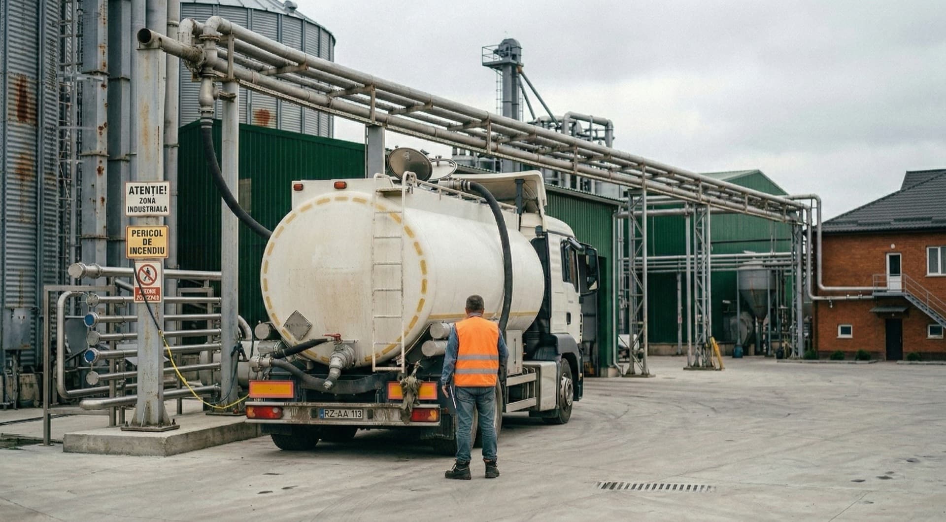 Tanker truck loading vegetable oil inside ALIONEXAGRO SRL facility yard